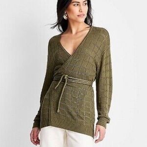 Future Collective x Jenny K. Lopez Tie-Front Pointelle Cardigan in Olive 1X